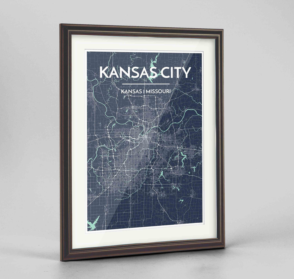 Framed Kansas Map Art Print 24x36&quot; Traditional Walnut frame Point Two Design Group