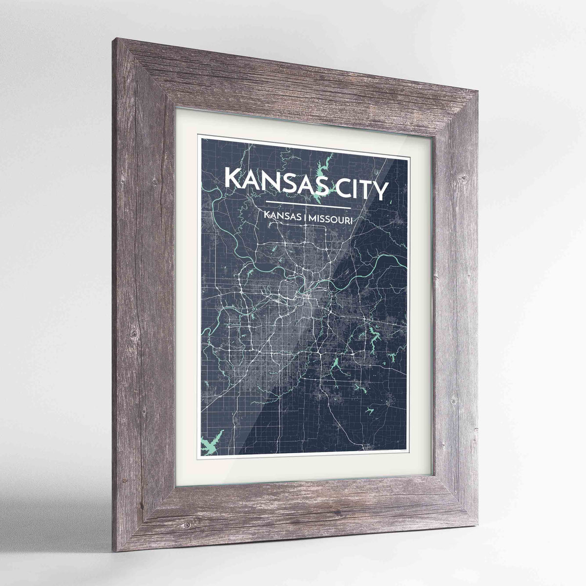 Framed Kansas Map Art Print 24x36&quot; Western Grey frame Point Two Design Group