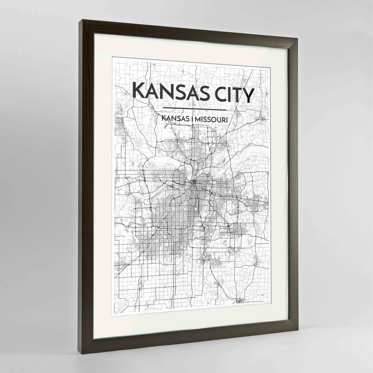 Framed Kansas Map Art Print 24x36&quot; Contemporary Walnut frame Point Two Design Group