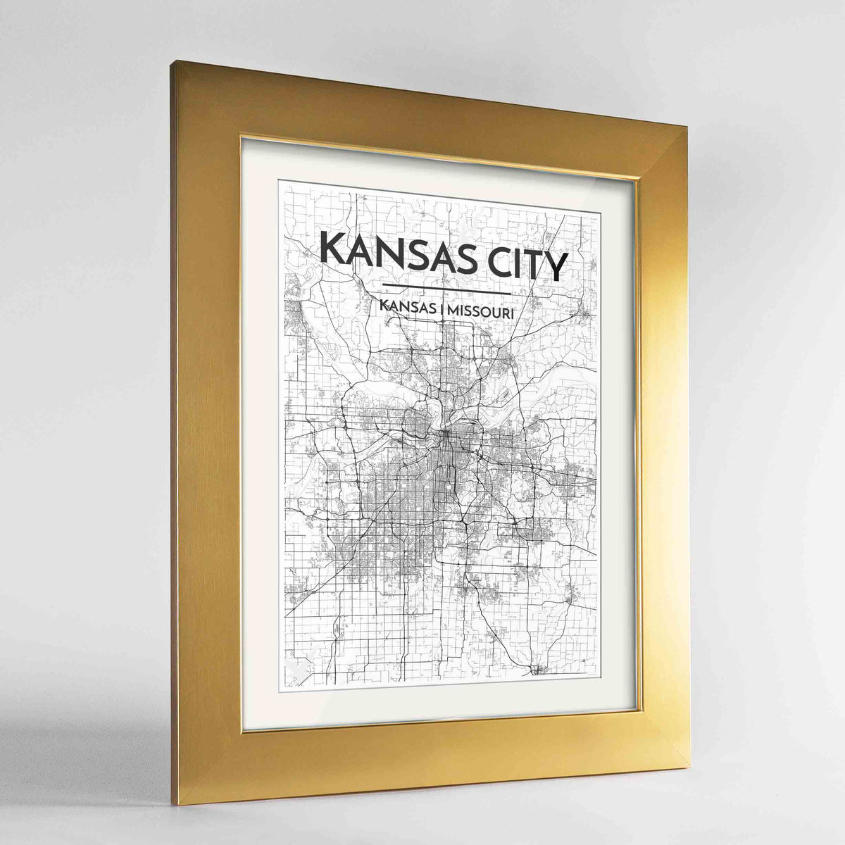 Framed Kansas Map Art Print 24x36&quot; Gold frame Point Two Design Group