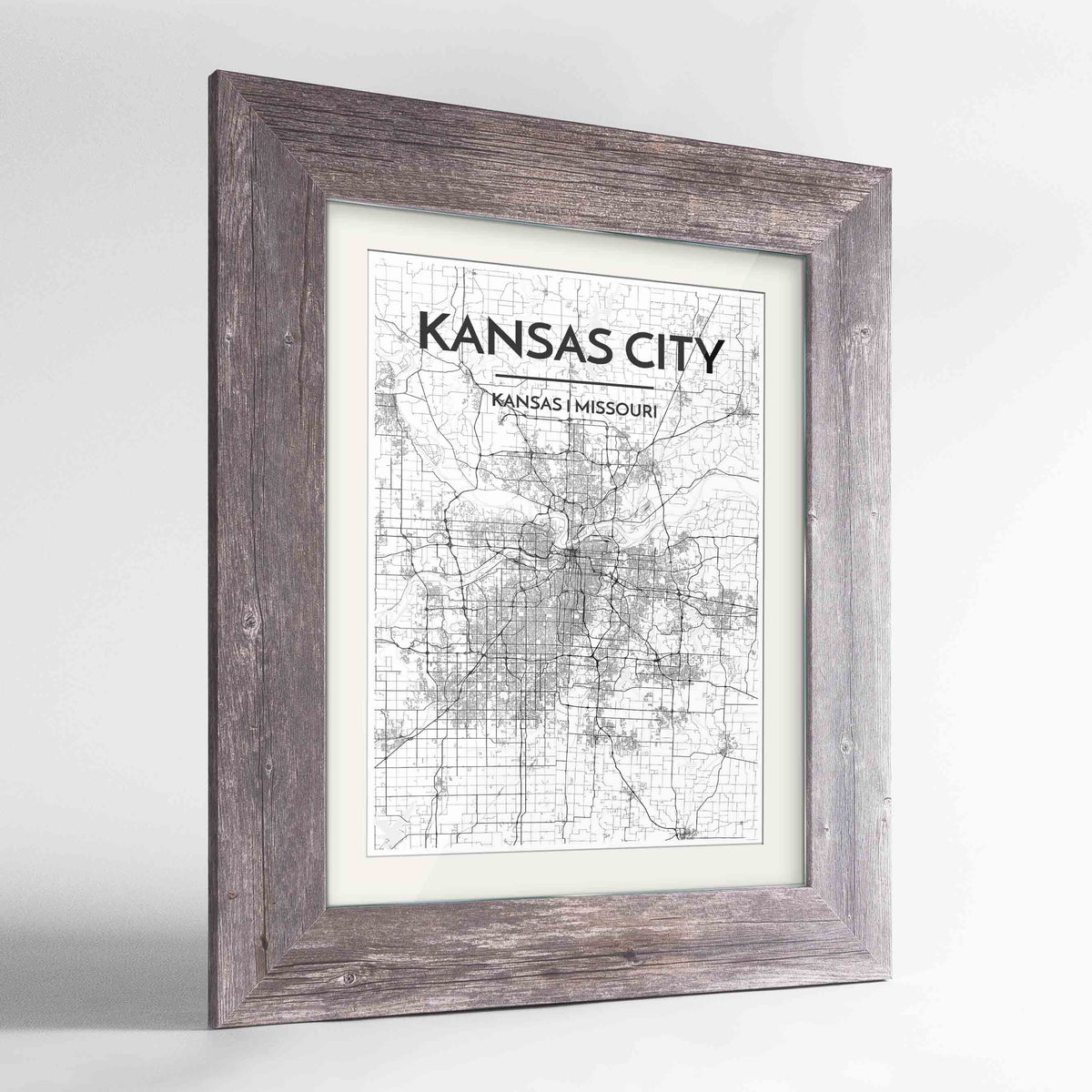 Framed Kansas Map Art Print 24x36&quot; Western Grey frame Point Two Design Group