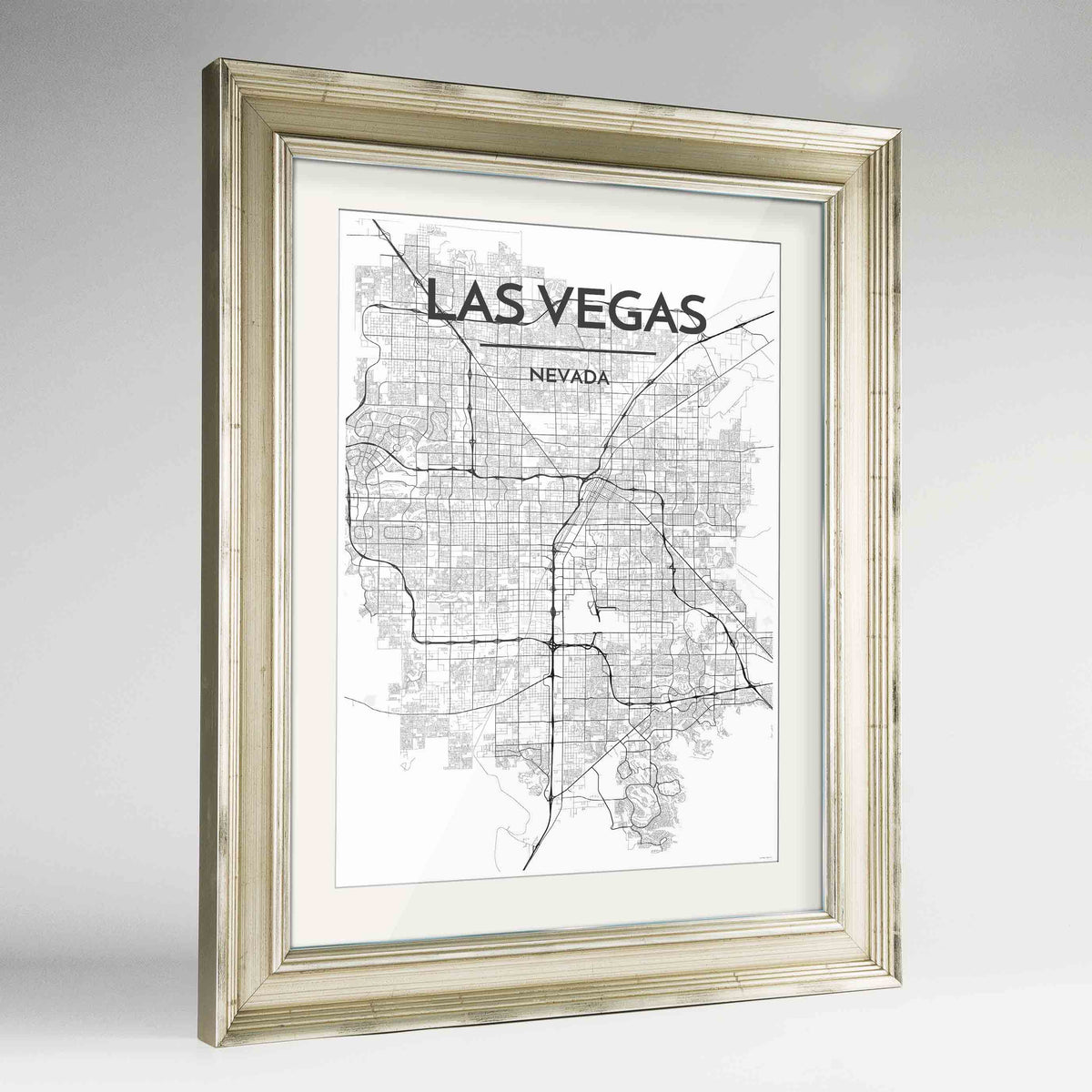 Framed Las Vegas Map Art Print 24x36&quot; Champagne frame Point Two Design Group