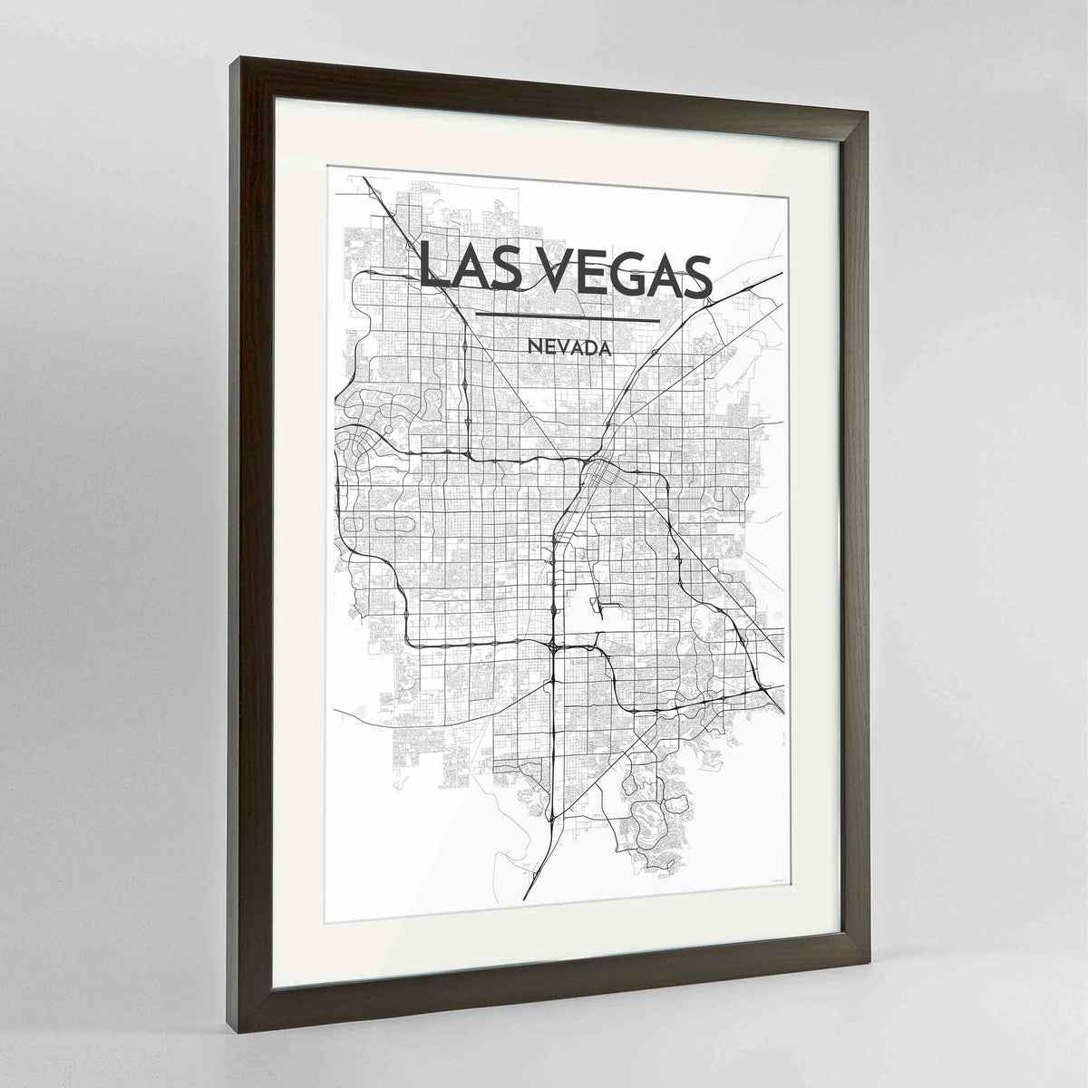 Framed Las Vegas Map Art Print 24x36&quot; Contemporary Walnut frame Point Two Design Group