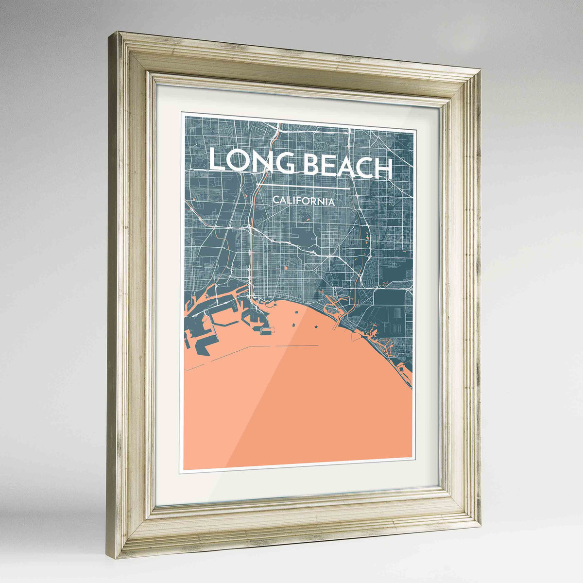 Framed Long Beach Map Art Print 24x36&quot; Champagne frame Point Two Design Group
