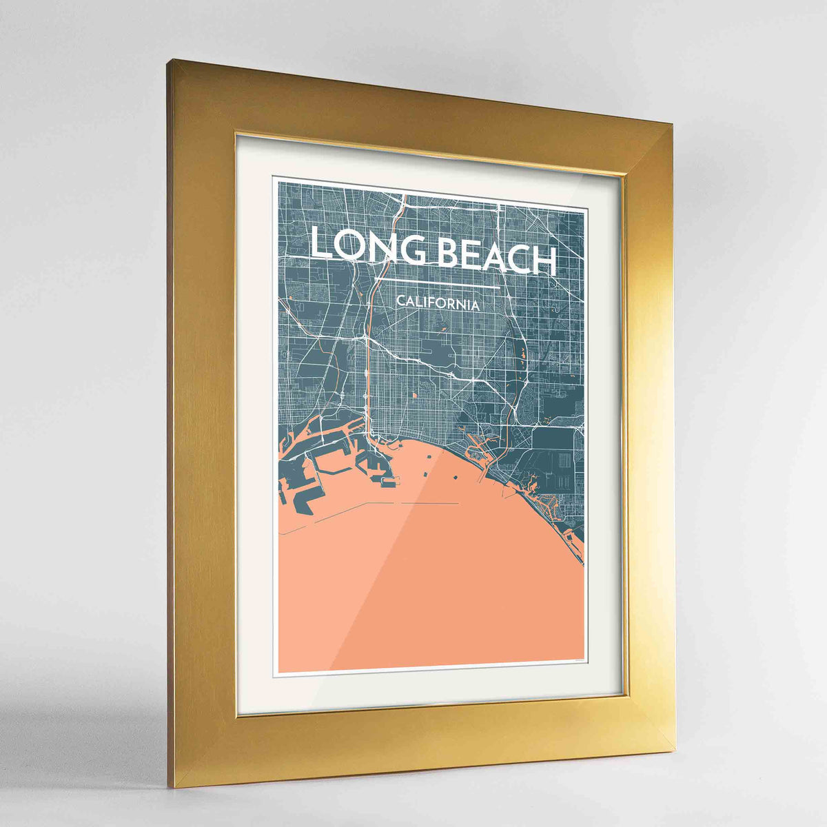 Framed Long Beach Map Art Print 24x36&quot; Gold frame Point Two Design Group