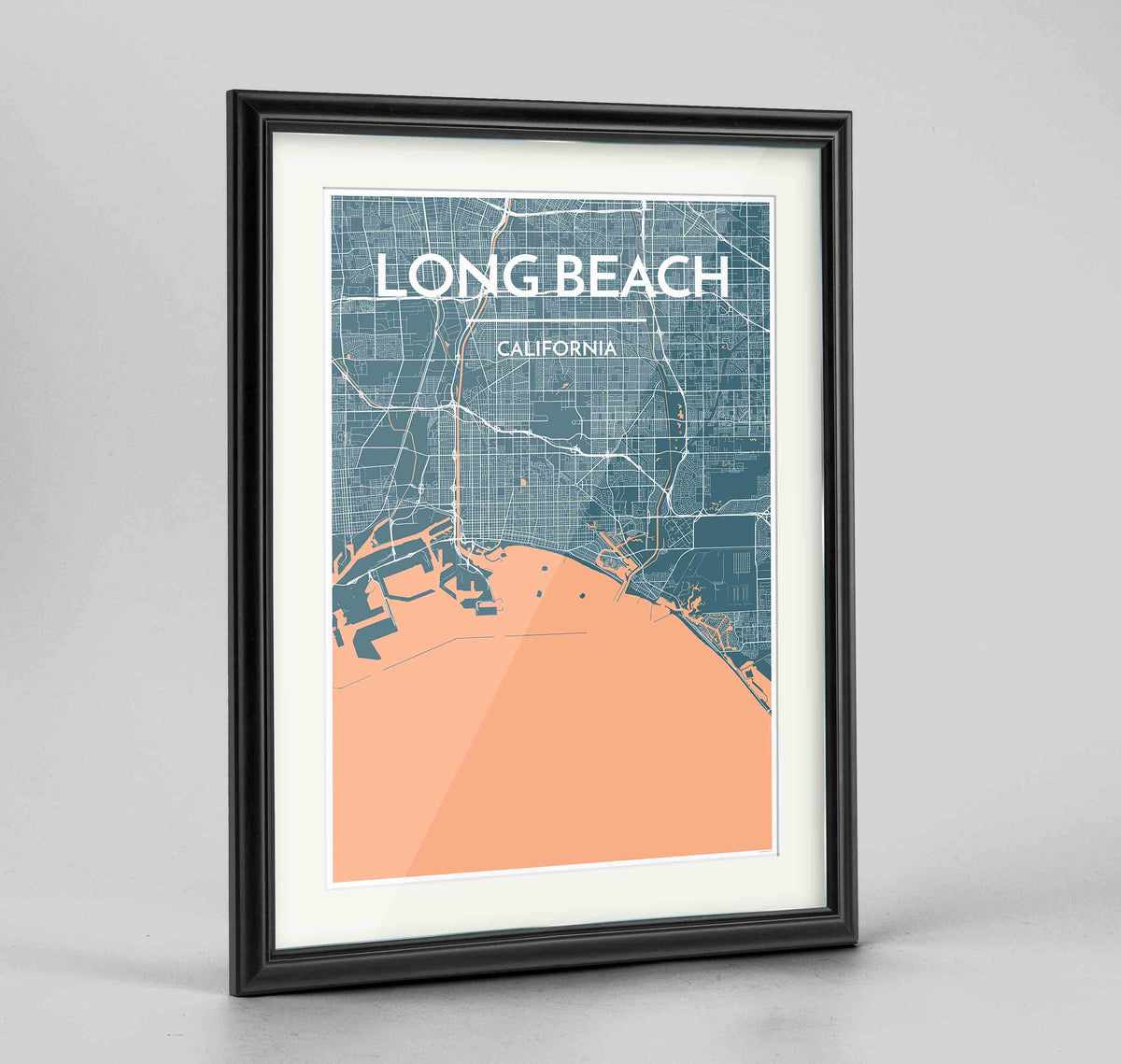 Framed Long Beach Map Art Print 24x36&quot; Traditional Black frame Point Two Design Group