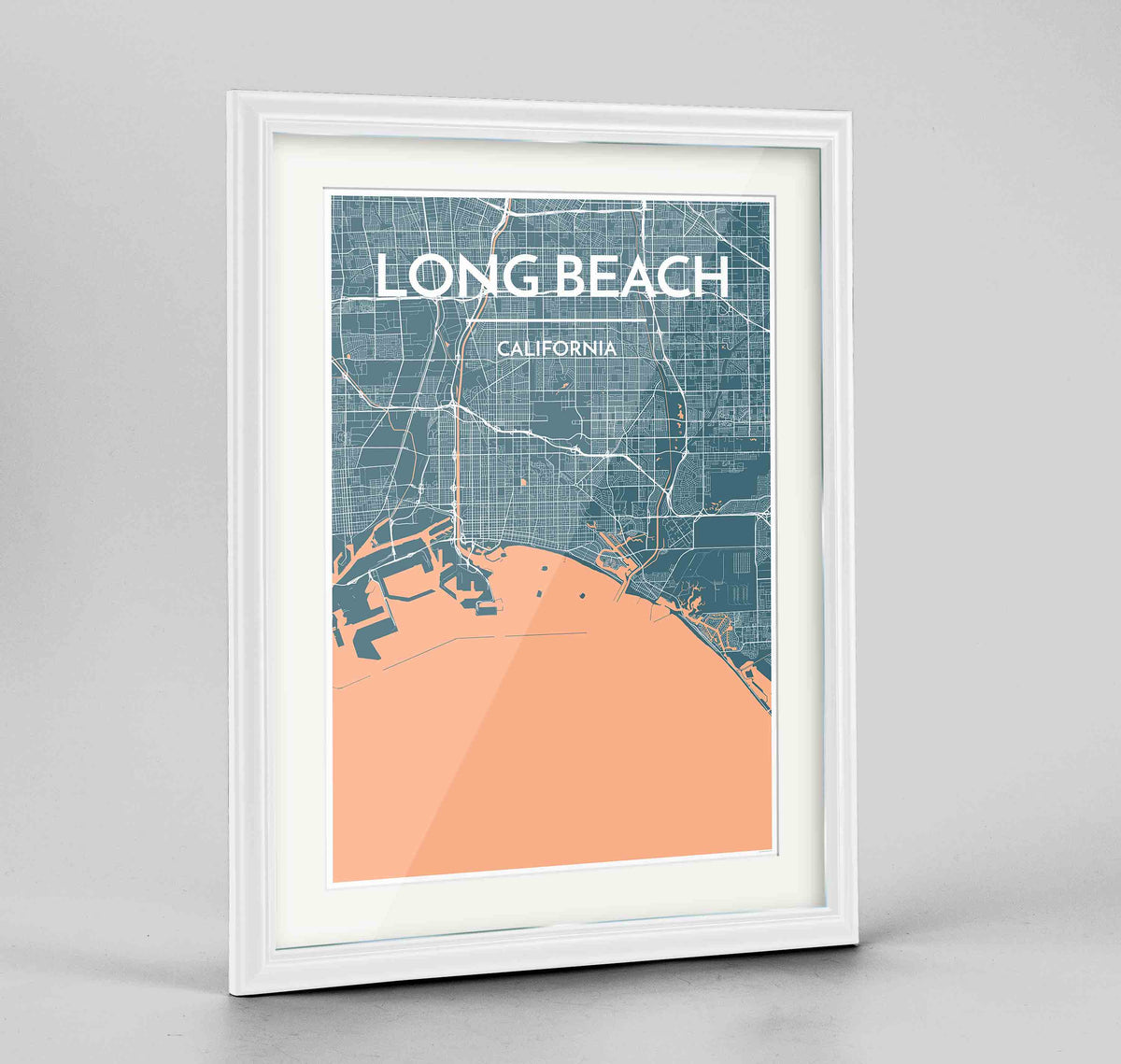Framed Long Beach Map Art Print 24x36&quot; Traditional White frame Point Two Design Group