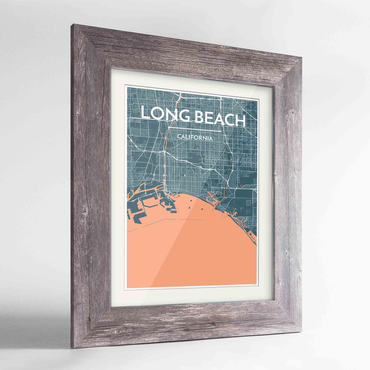 Framed Long Beach Map Art Print 24x36&quot; Western Grey frame Point Two Design Group