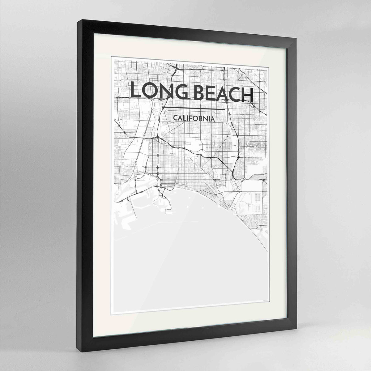 Framed Long Beach Map Art Print 24x36&quot; Contemporary Black frame Point Two Design Group