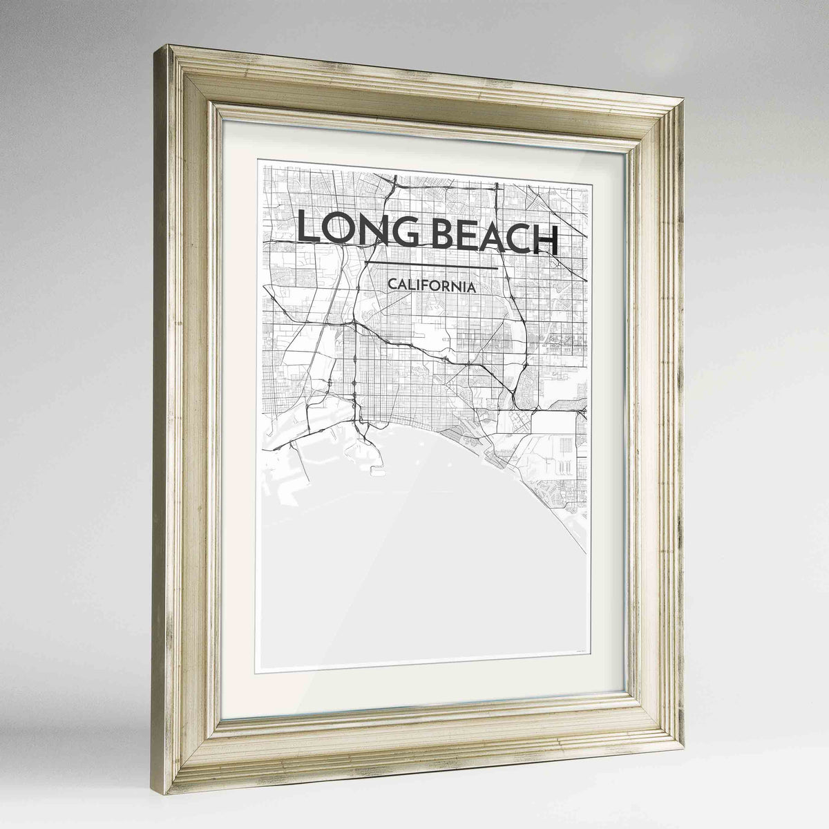 Framed Long Beach Map Art Print 24x36&quot; Champagne frame Point Two Design Group