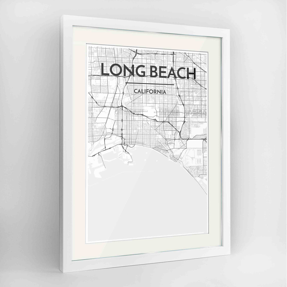 Framed Long Beach Map Art Print 24x36&quot; Contemporary White frame Point Two Design Group