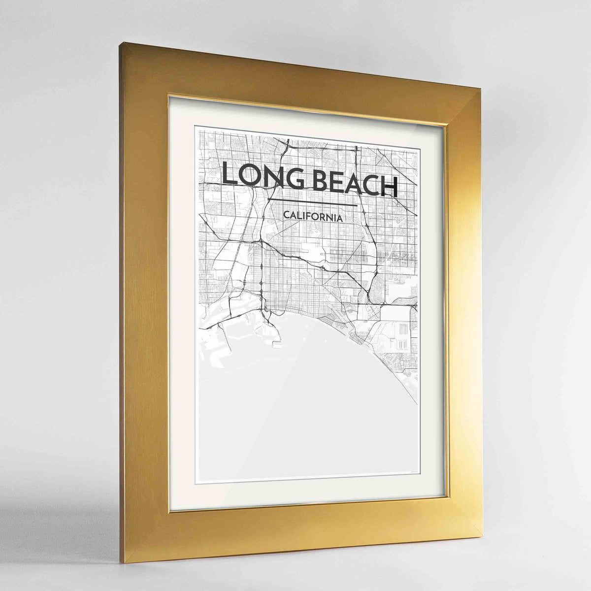 Framed Long Beach Map Art Print 24x36&quot; Gold frame Point Two Design Group