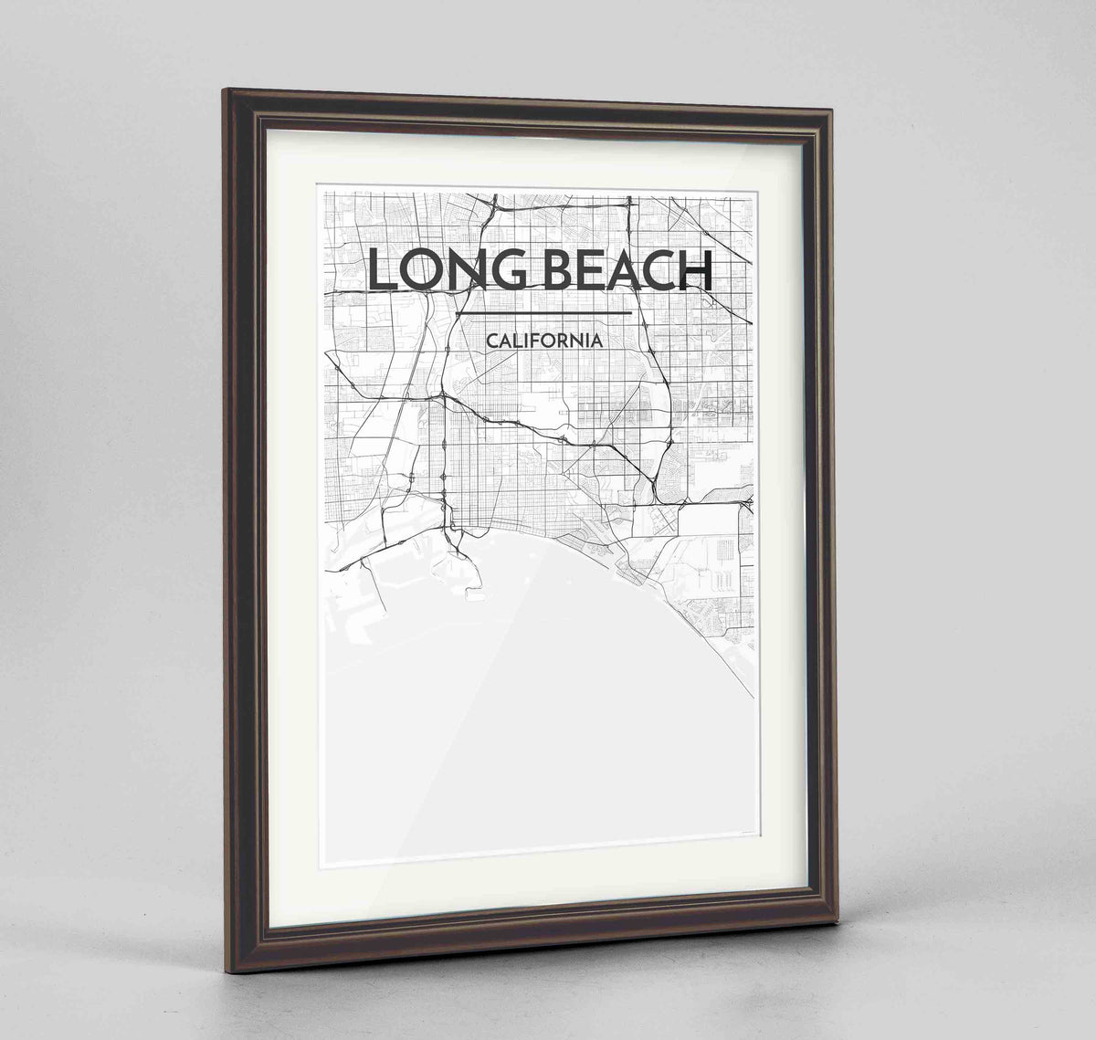 Framed Long Beach Map Art Print 24x36&quot; Traditional Walnut frame Point Two Design Group
