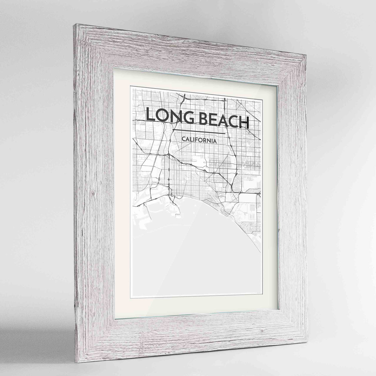 Framed Long Beach Map Art Print 24x36&quot; Western White frame Point Two Design Group