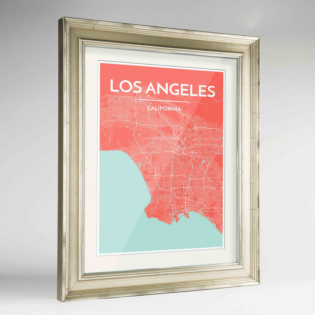 Framed Los Angeles Map Art Print 24x36&quot; Champagne frame Point Two Design Group