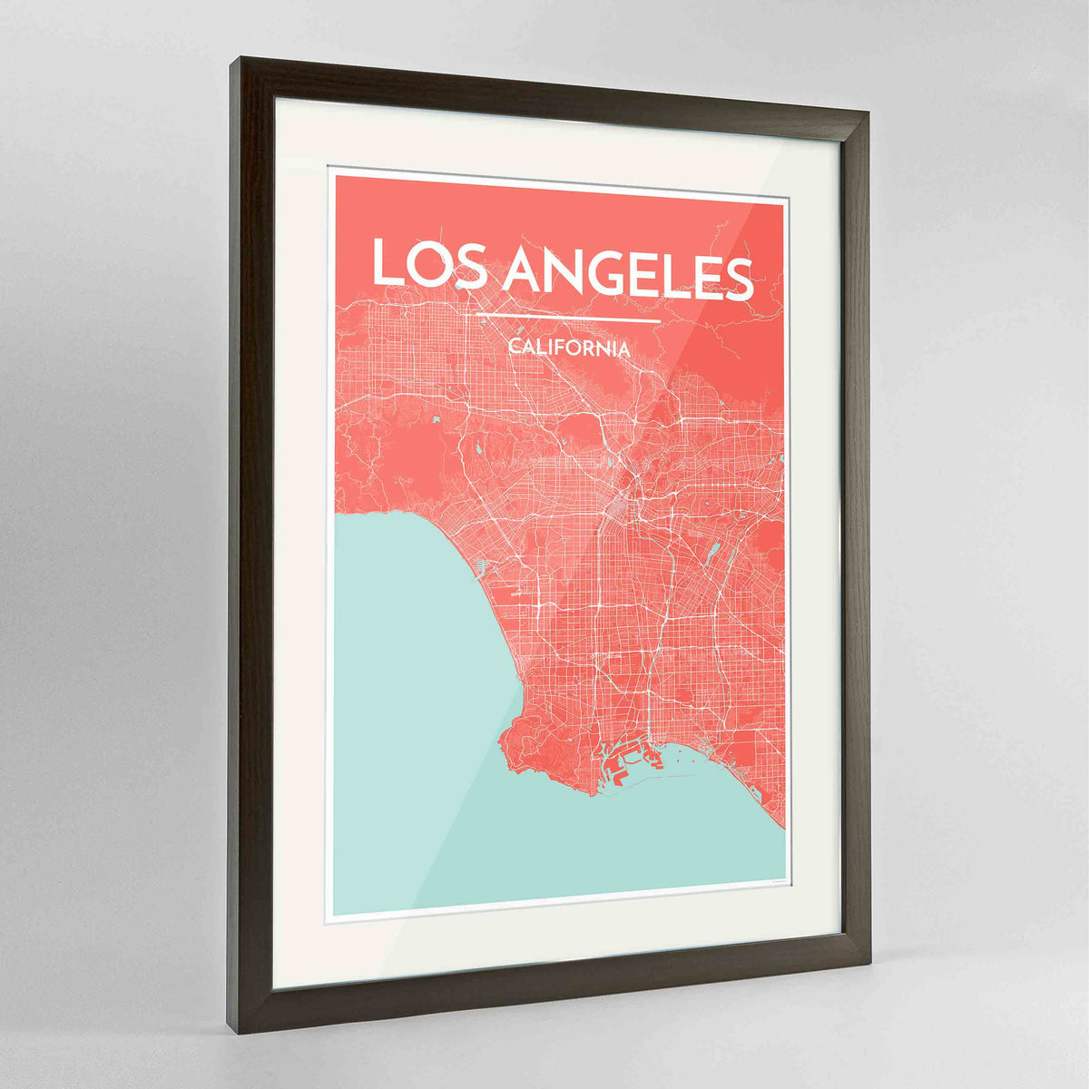 Framed Los Angeles Map Art Print 24x36&quot; Contemporary Walnut frame Point Two Design Group