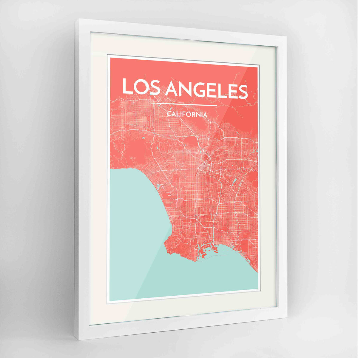 Framed Los Angeles Map Art Print 24x36&quot; Contemporary White frame Point Two Design Group