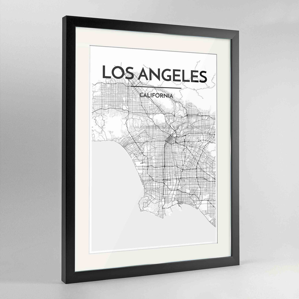 Framed Los Angeles Map Art Print 24x36&quot; Contemporary Black frame Point Two Design Group