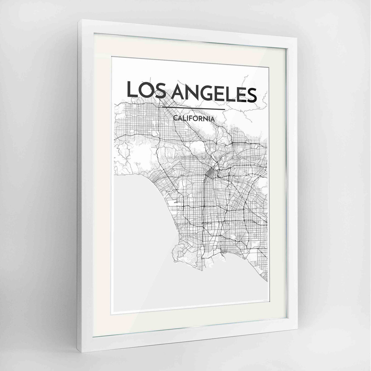 Framed Los Angeles Map Art Print 24x36&quot; Contemporary White frame Point Two Design Group