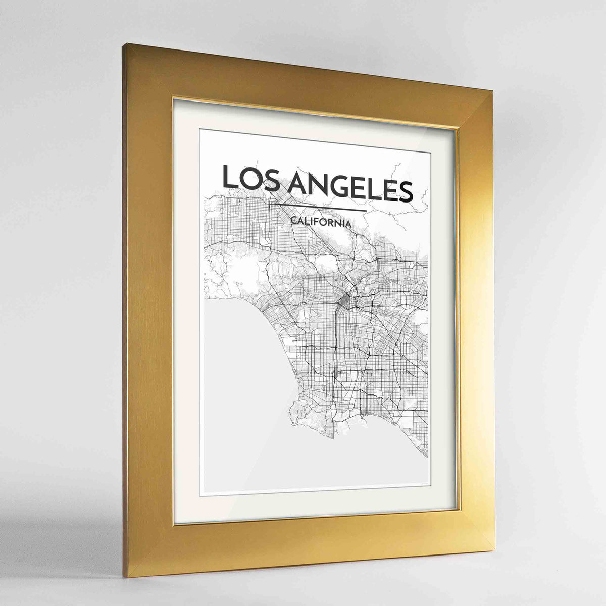 Framed Los Angeles Map Art Print 24x36&quot; Gold frame Point Two Design Group