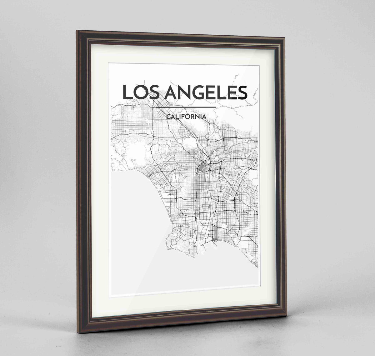 Framed Los Angeles Map Art Print 24x36&quot; Traditional Walnut frame Point Two Design Group