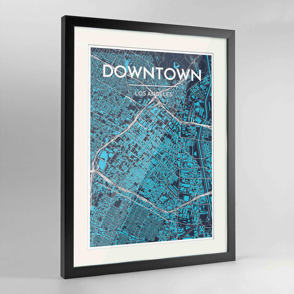 Framed Los Angeles - Downtown Map Art Print 24x36&quot; Contemporary Black frame Point Two Design Group