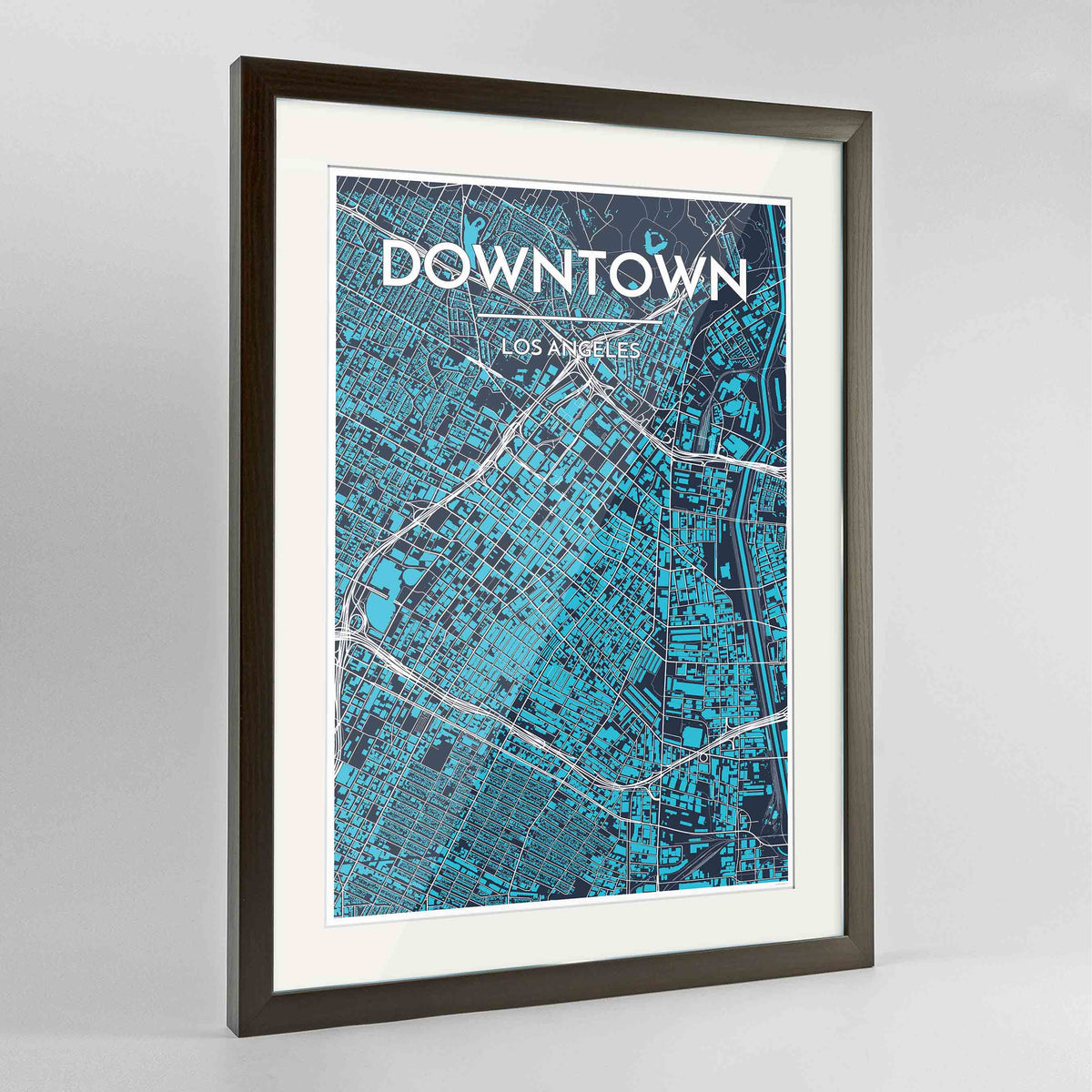 Framed Los Angeles - Downtown Map Art Print 24x36&quot; Contemporary Walnut frame Point Two Design Group