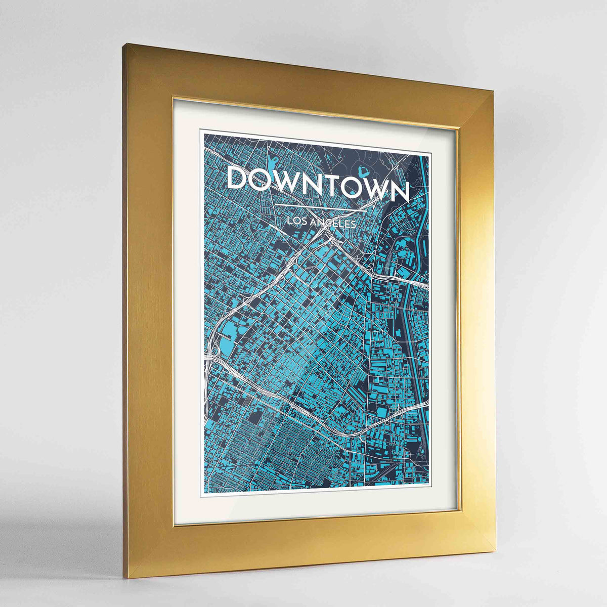 Framed Los Angeles - Downtown Map Art Print 24x36&quot; Gold frame Point Two Design Group