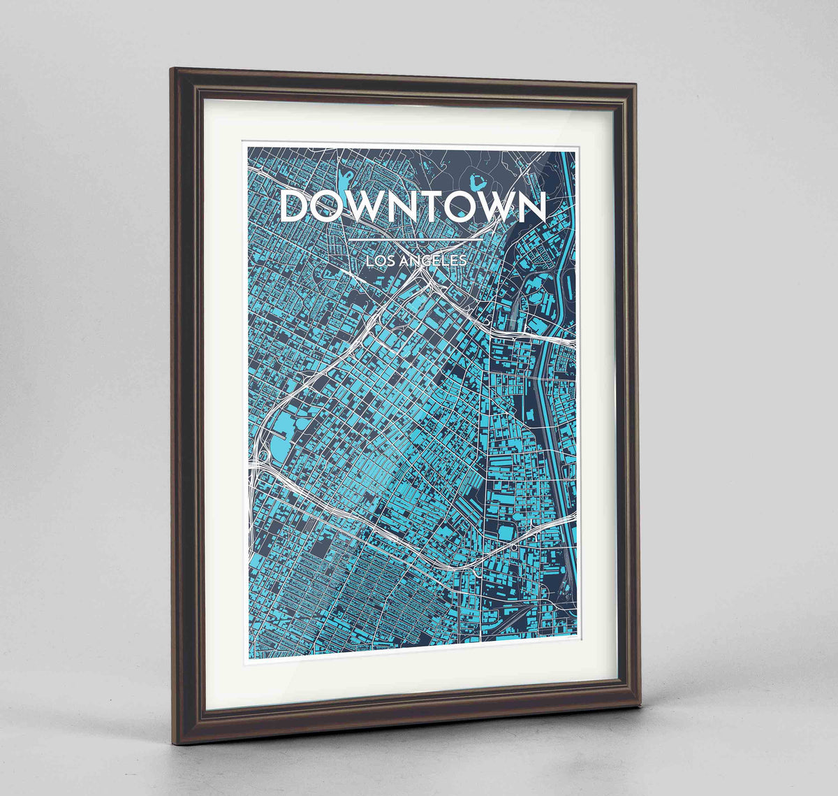 Framed Los Angeles - Downtown Map Art Print 24x36&quot; Traditional Walnut frame Point Two Design Group