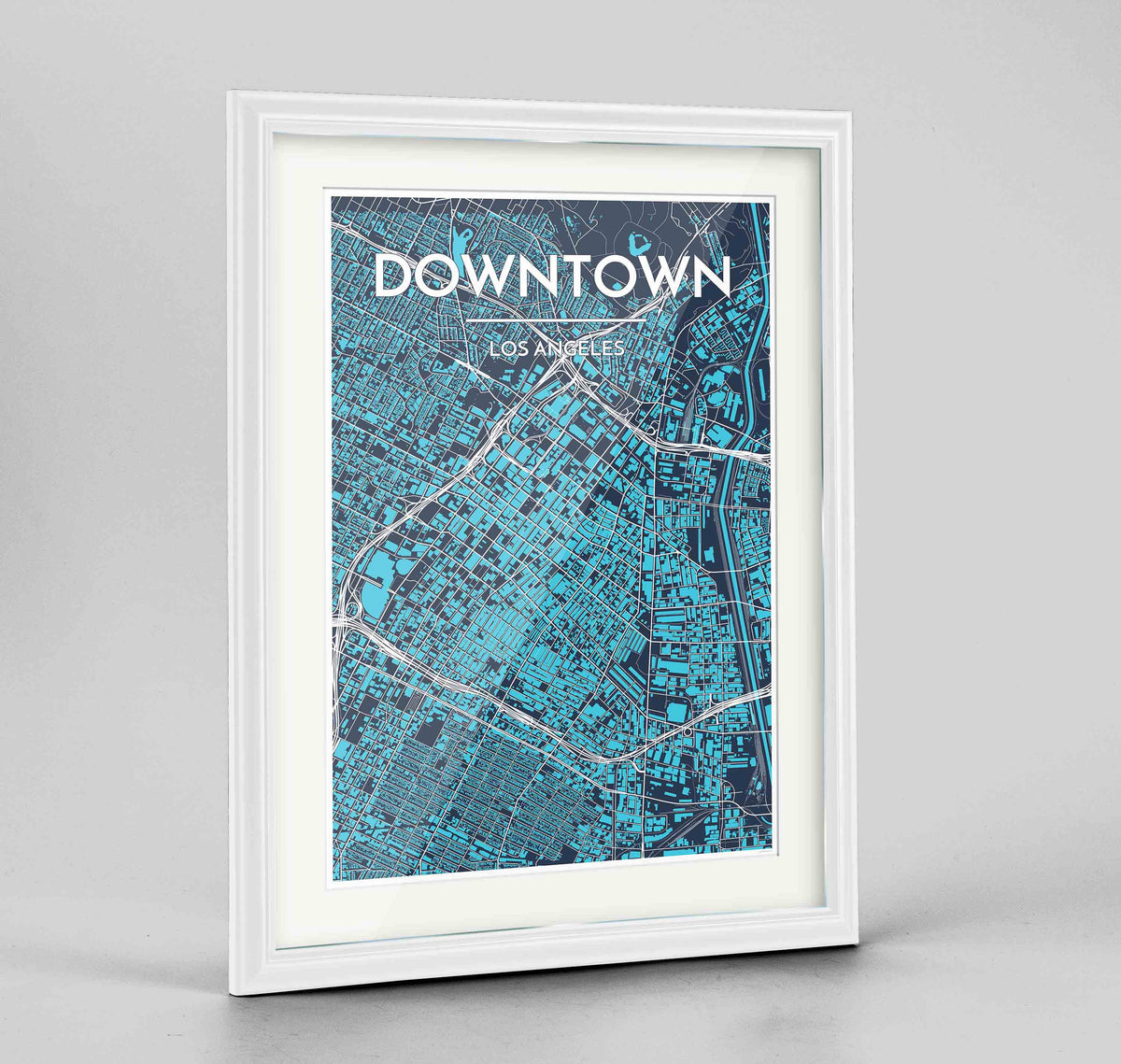 Framed Los Angeles - Downtown Map Art Print 24x36&quot; Traditional White frame Point Two Design Group