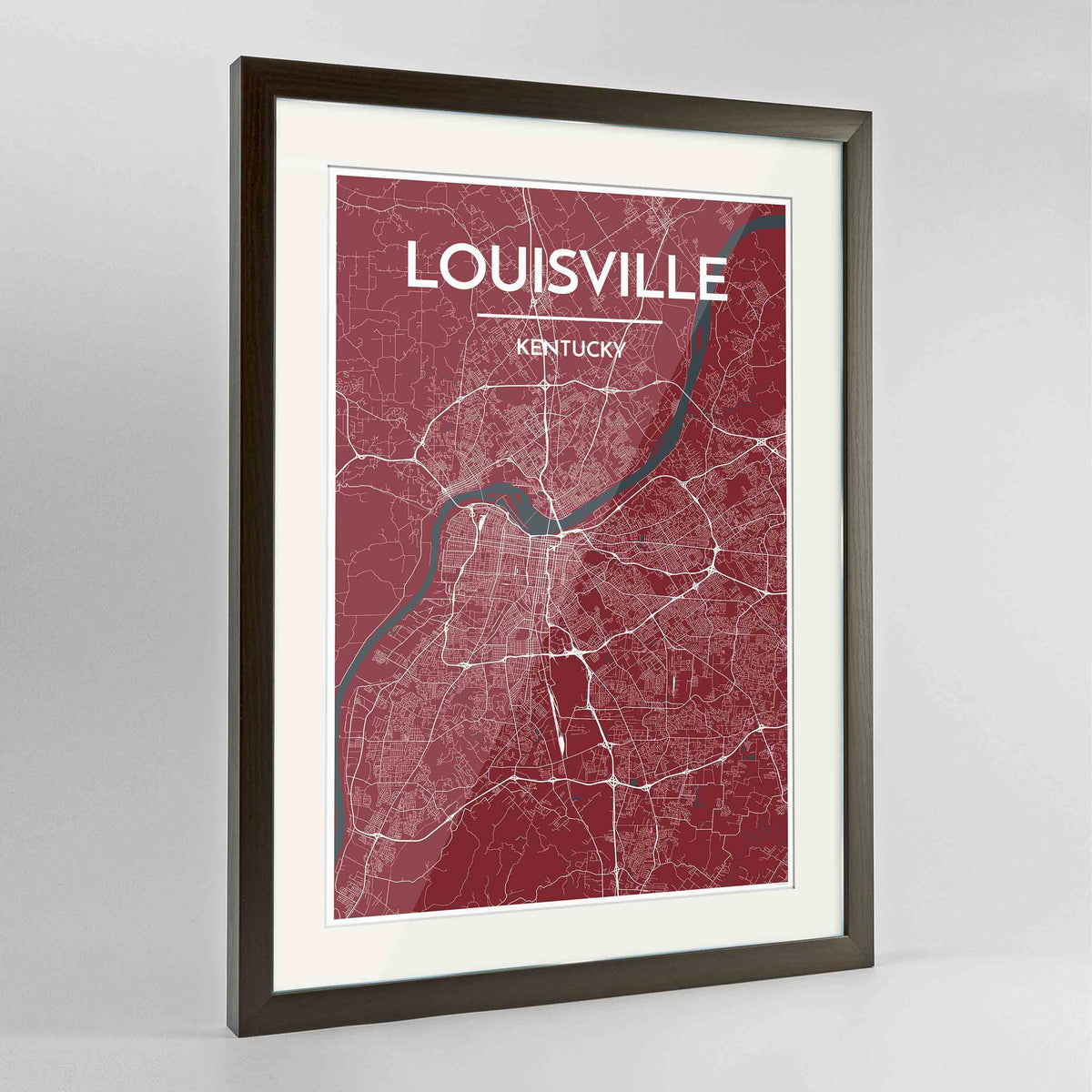 Framed Louisville Map Art Print 24x36&quot; Contemporary Walnut frame Point Two Design Group