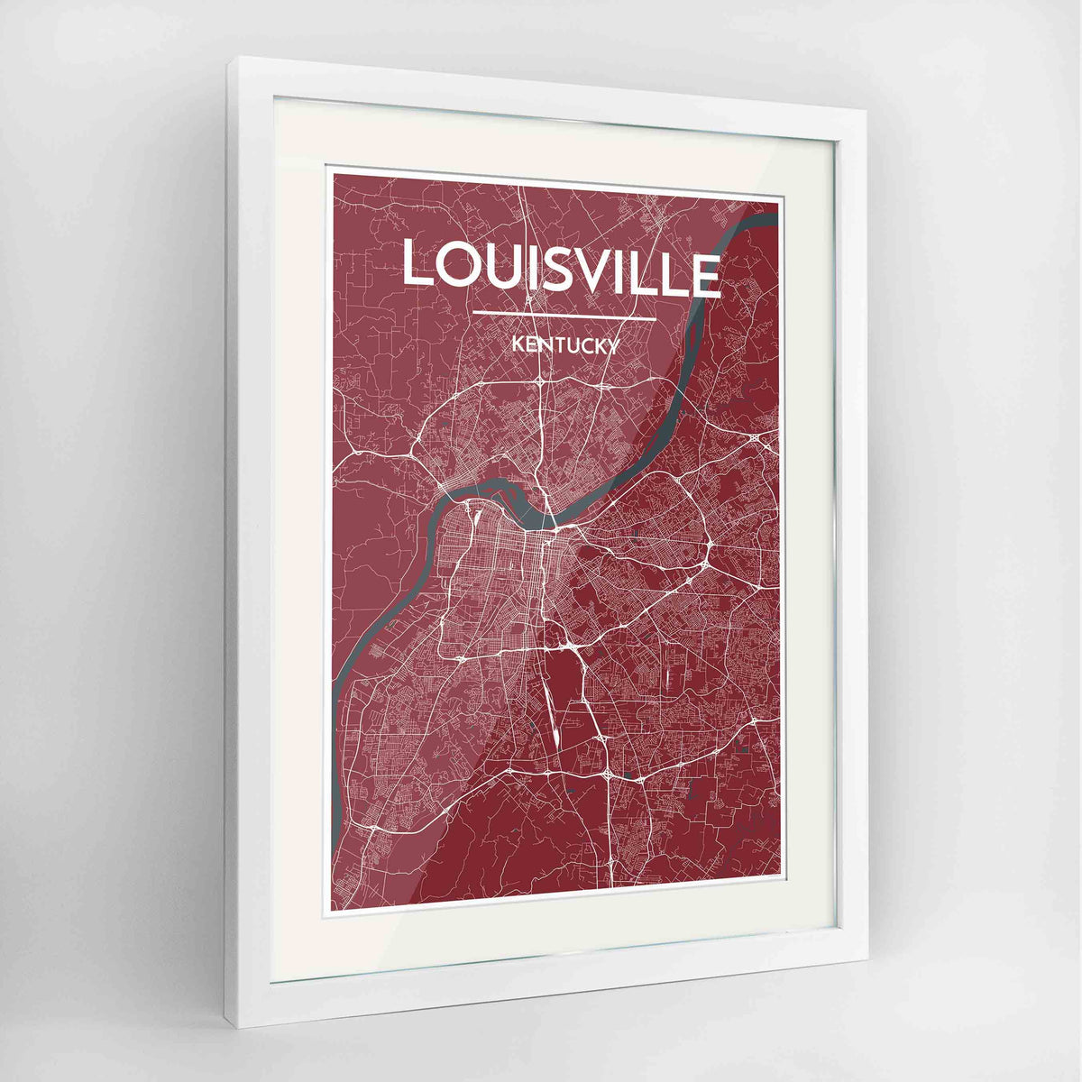 Framed Louisville Map Art Print 24x36&quot; Contemporary White frame Point Two Design Group