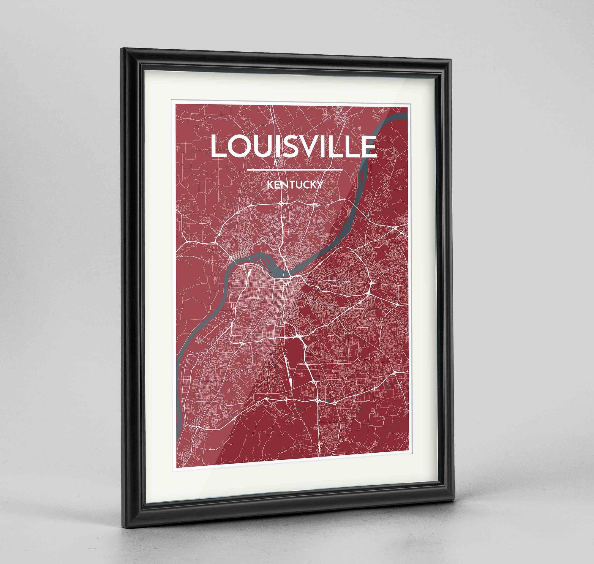 Framed Louisville Map Art Print 24x36" Traditional Black frame Point Two Design Group