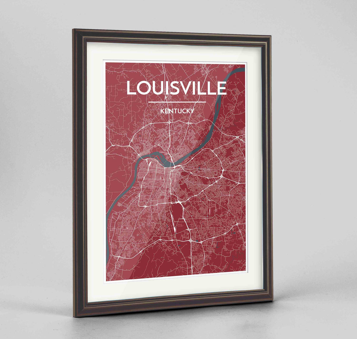 Framed Louisville Map Art Print 24x36&quot; Traditional Walnut frame Point Two Design Group