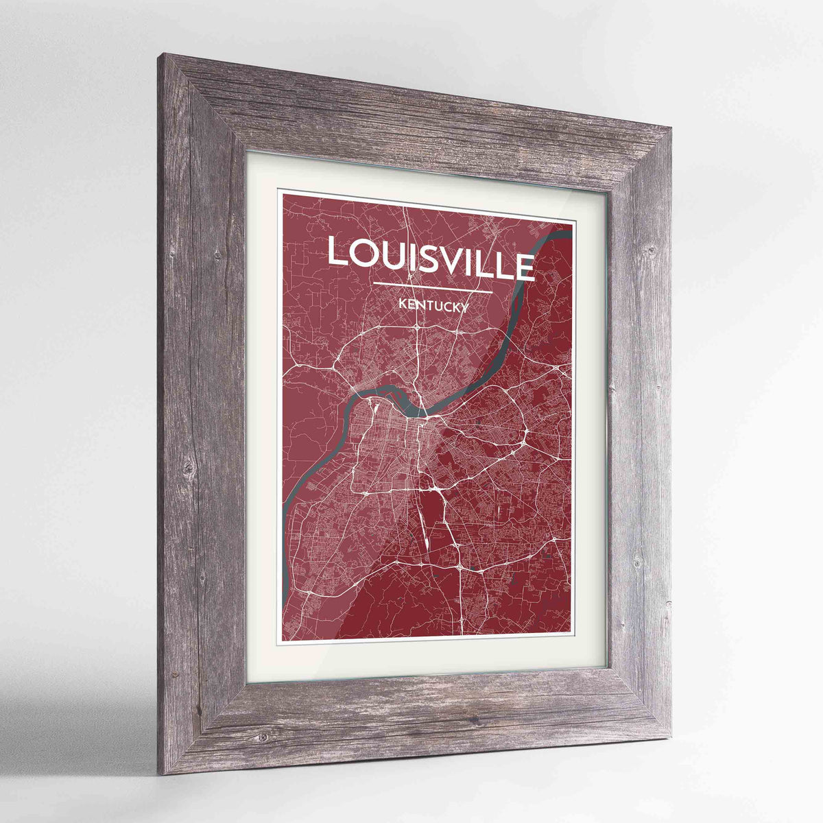 Framed Louisville Map Art Print 24x36&quot; Western Grey frame Point Two Design Group
