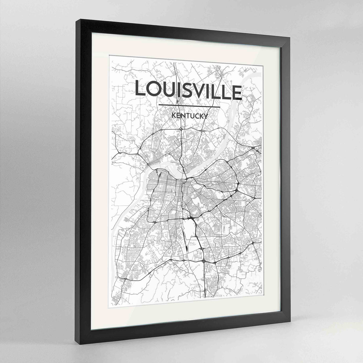 Framed Louisville Map Art Print 24x36&quot; Contemporary Black frame Point Two Design Group