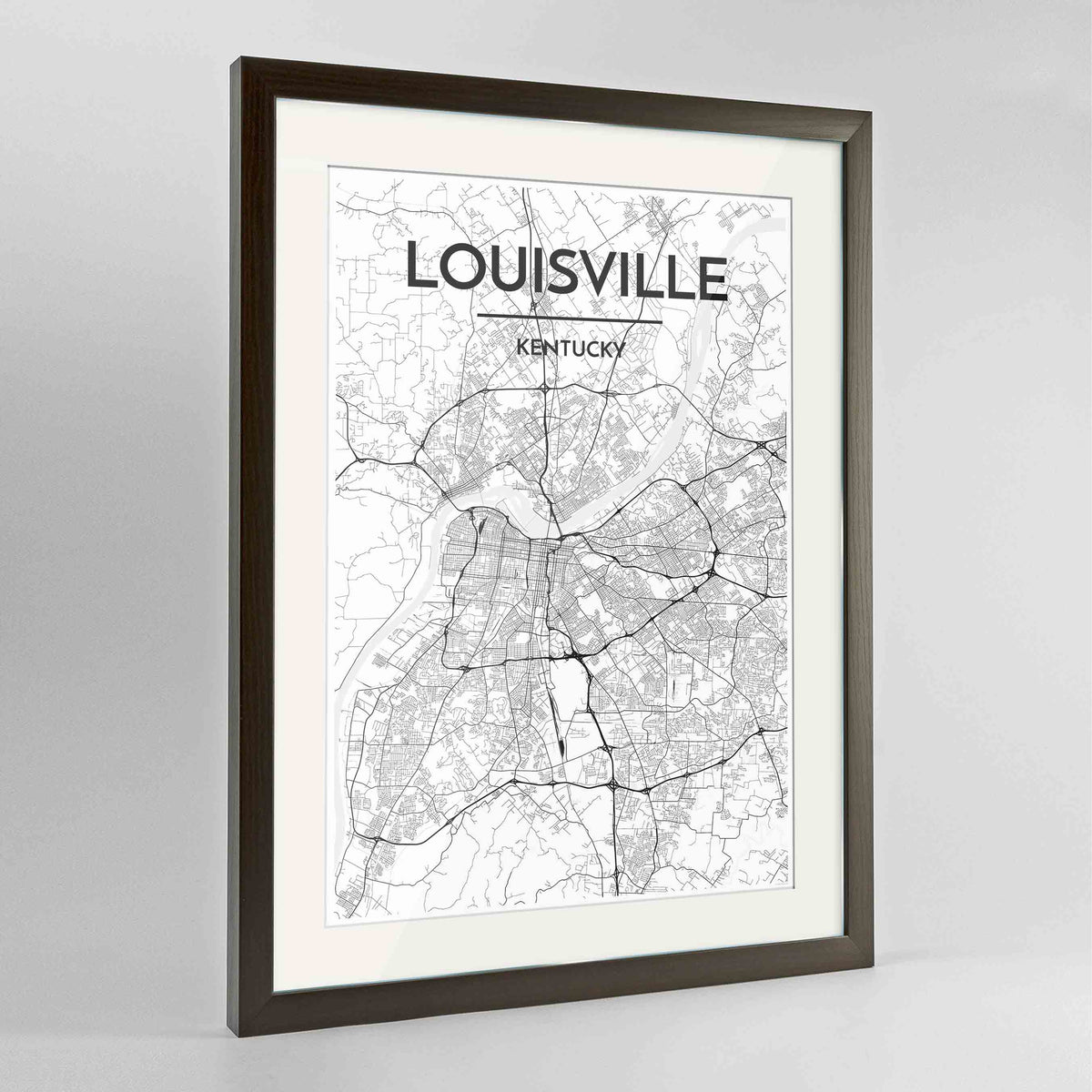 Framed Louisville Map Art Print 24x36&quot; Contemporary Walnut frame Point Two Design Group