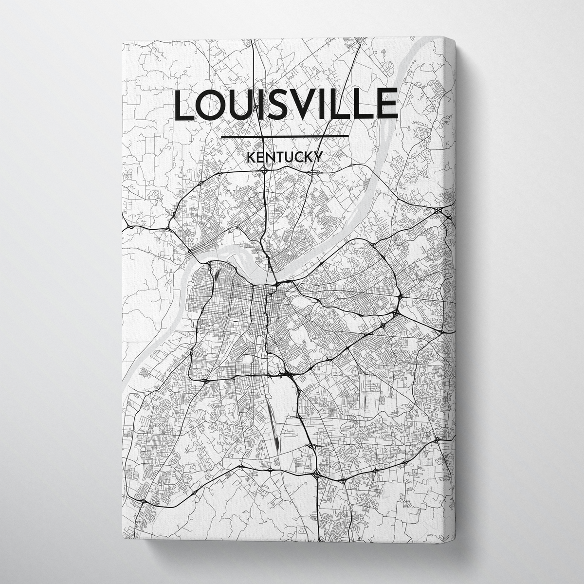 Louisville City Map Canvas Wrap - Point Two Design - Black &amp; White Print