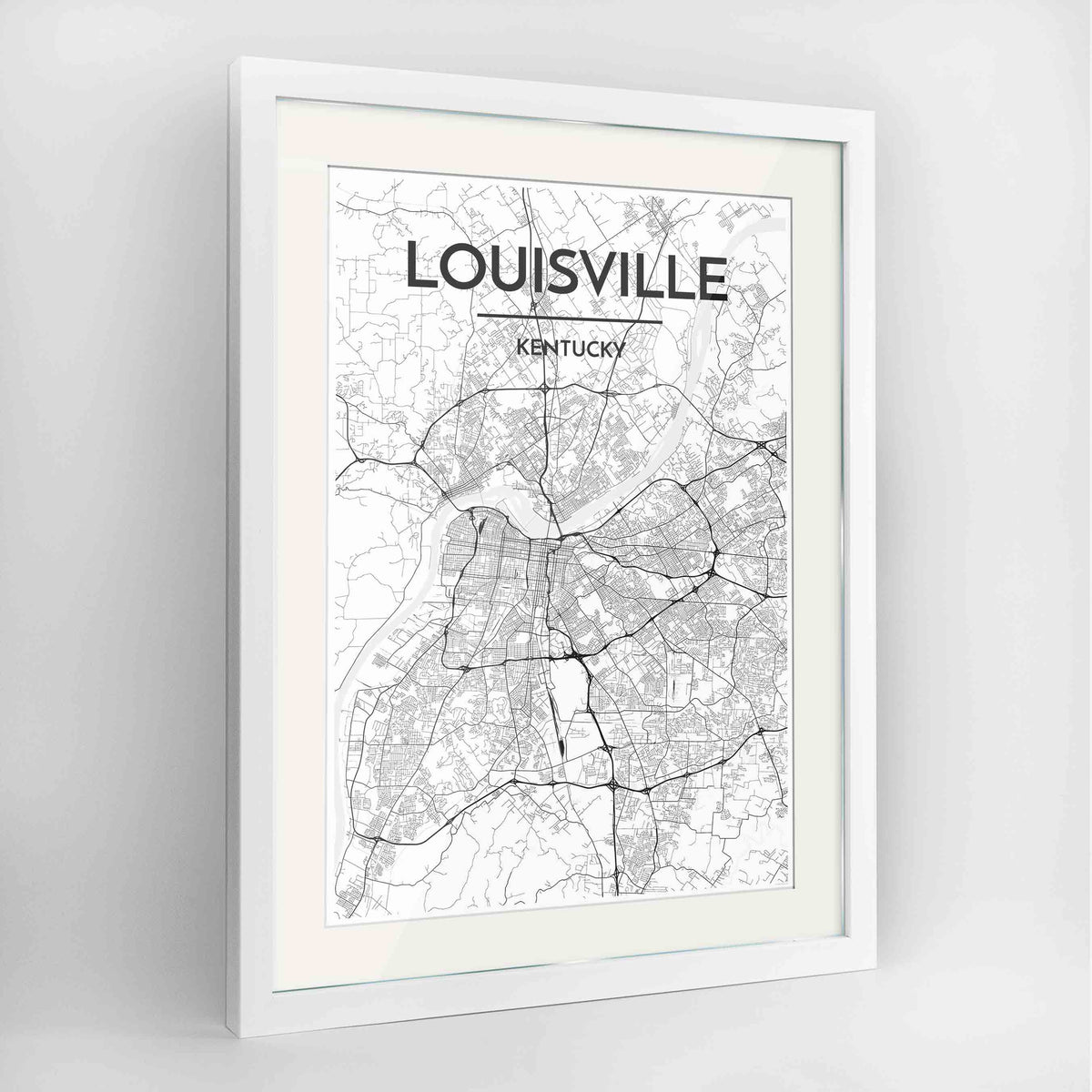 Framed Louisville Map Art Print 24x36&quot; Contemporary White frame Point Two Design Group