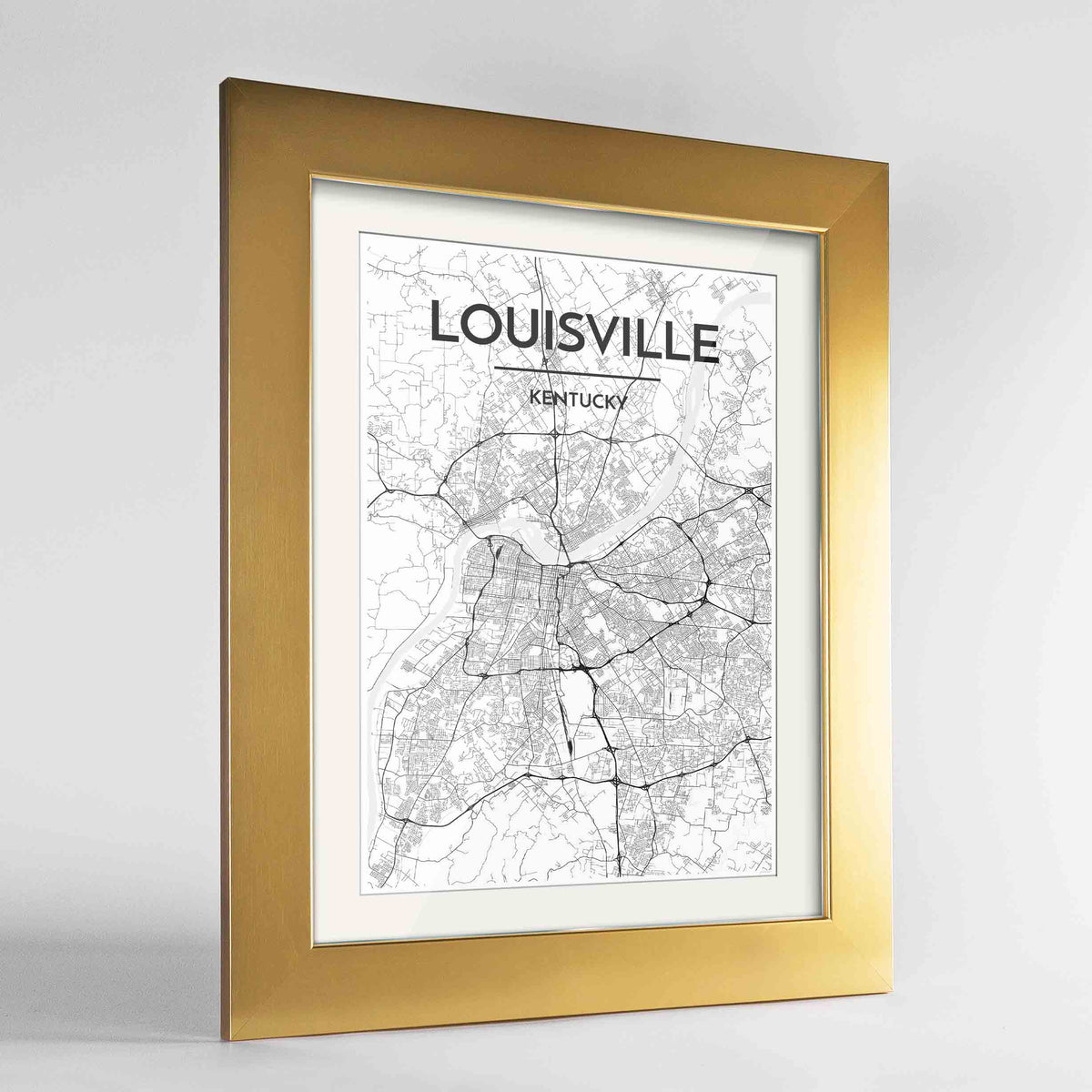Framed Louisville Map Art Print 24x36&quot; Gold frame Point Two Design Group