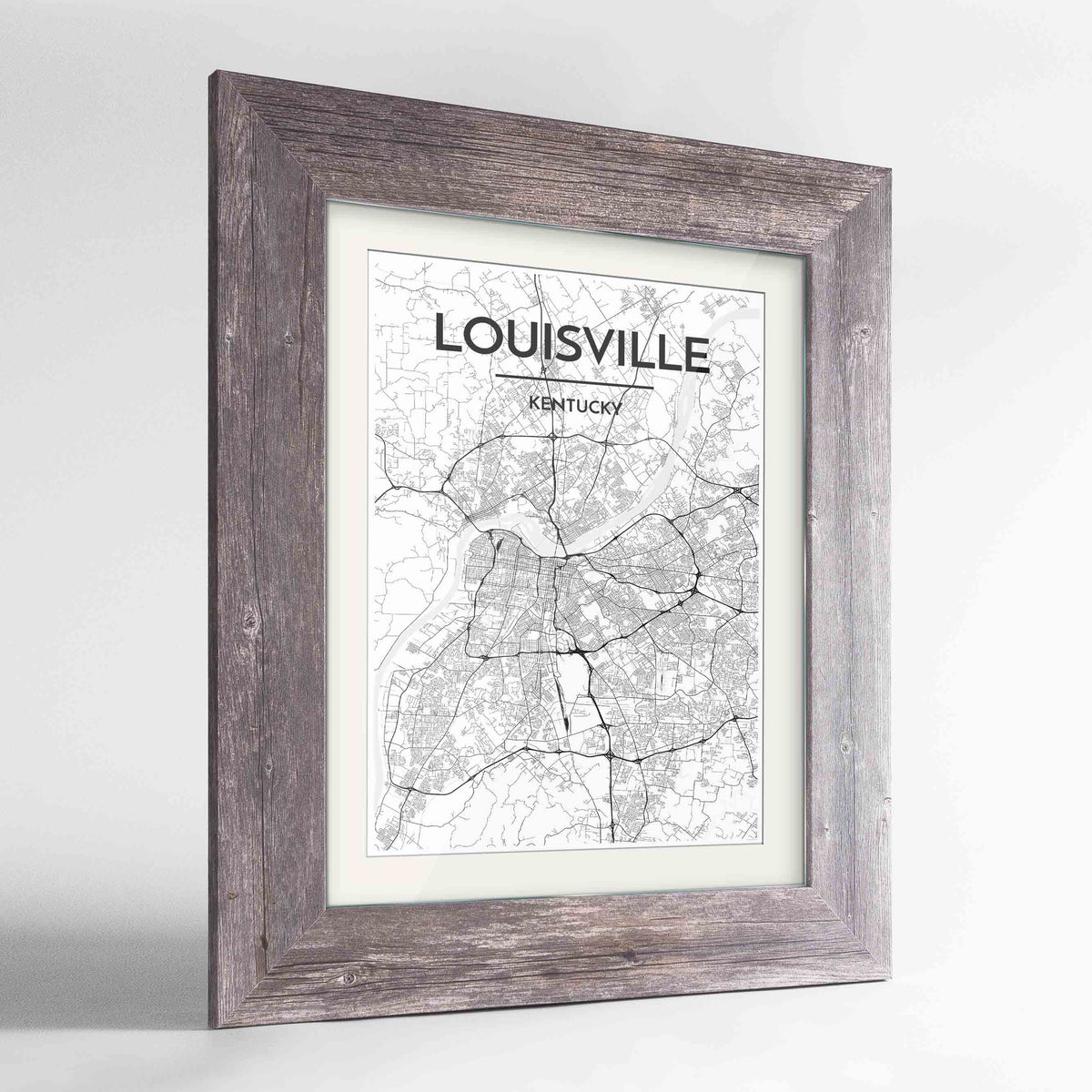 Framed Louisville Map Art Print 24x36&quot; Western Grey frame Point Two Design Group