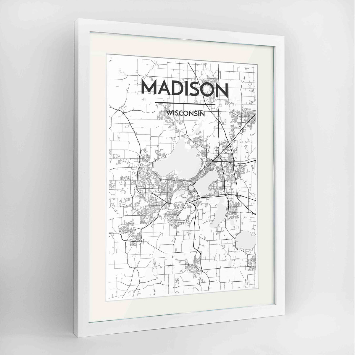 Framed Madison Map Art Print 24x36&quot; Contemporary White frame Point Two Design Group