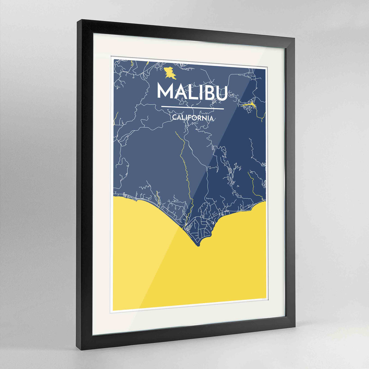 Framed Malibu Map Art Print 24x36&quot; Contemporary Black frame Point Two Design Group