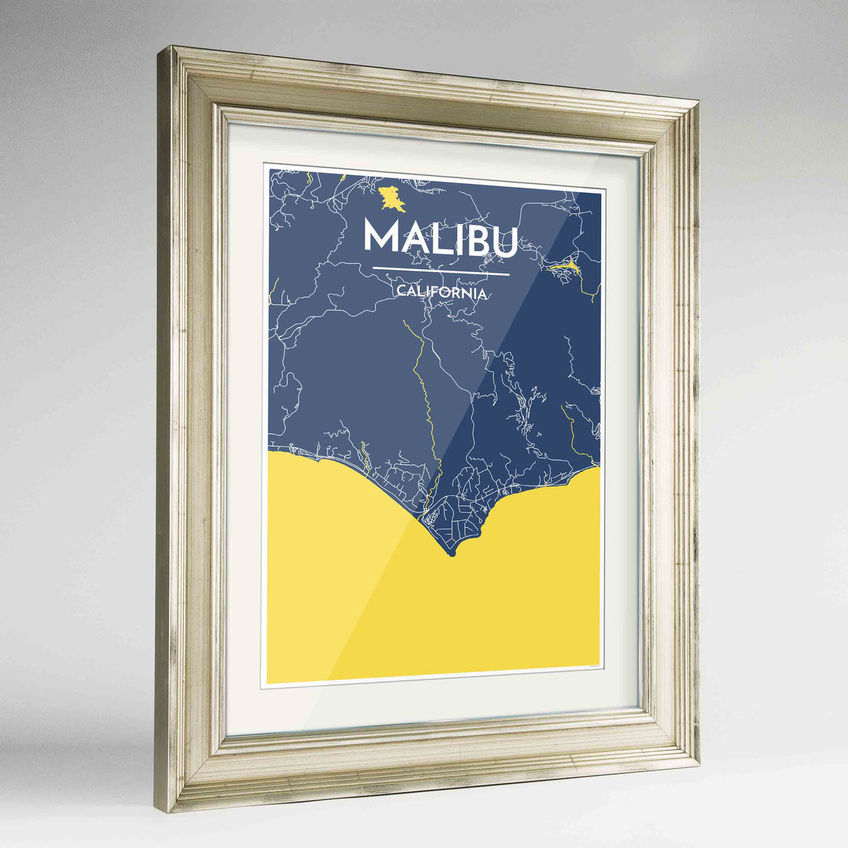 Framed Malibu Map Art Print 24x36&quot; Champagne frame Point Two Design Group