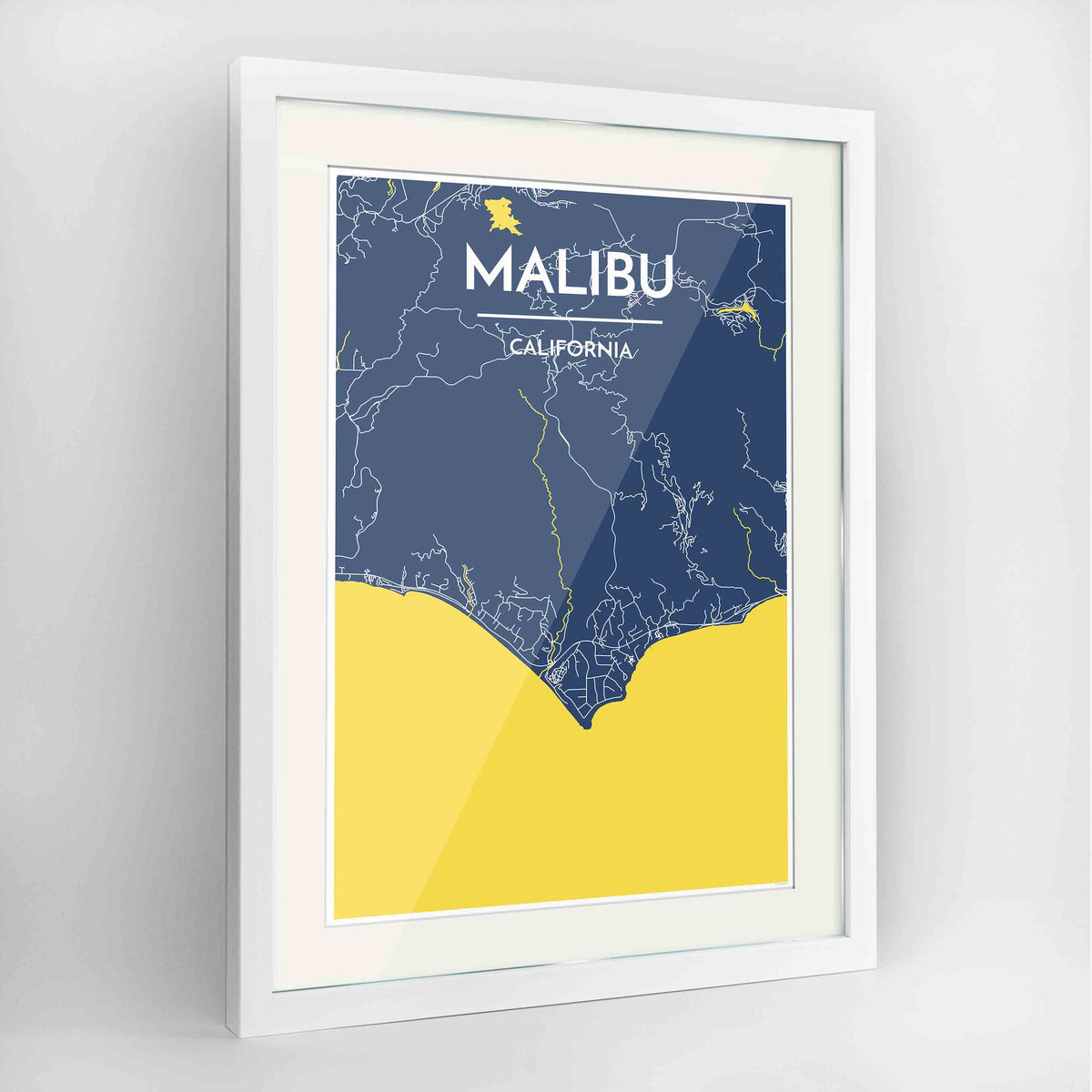 Framed Malibu Map Art Print 24x36&quot; Contemporary White frame Point Two Design Group