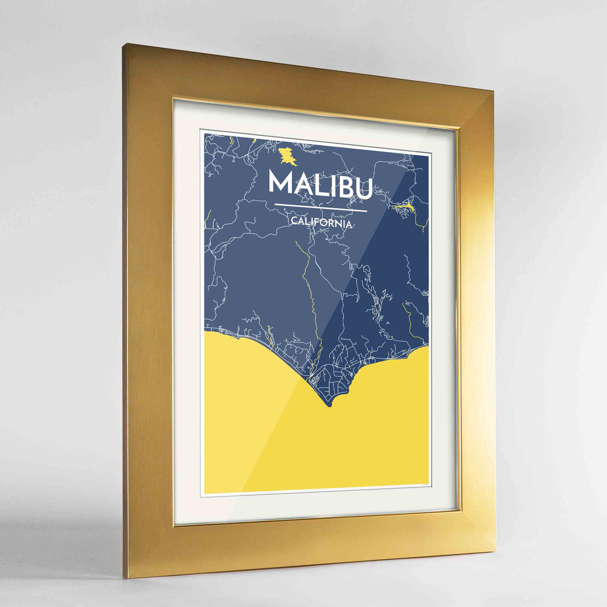 Framed Malibu Map Art Print 24x36&quot; Gold frame Point Two Design Group