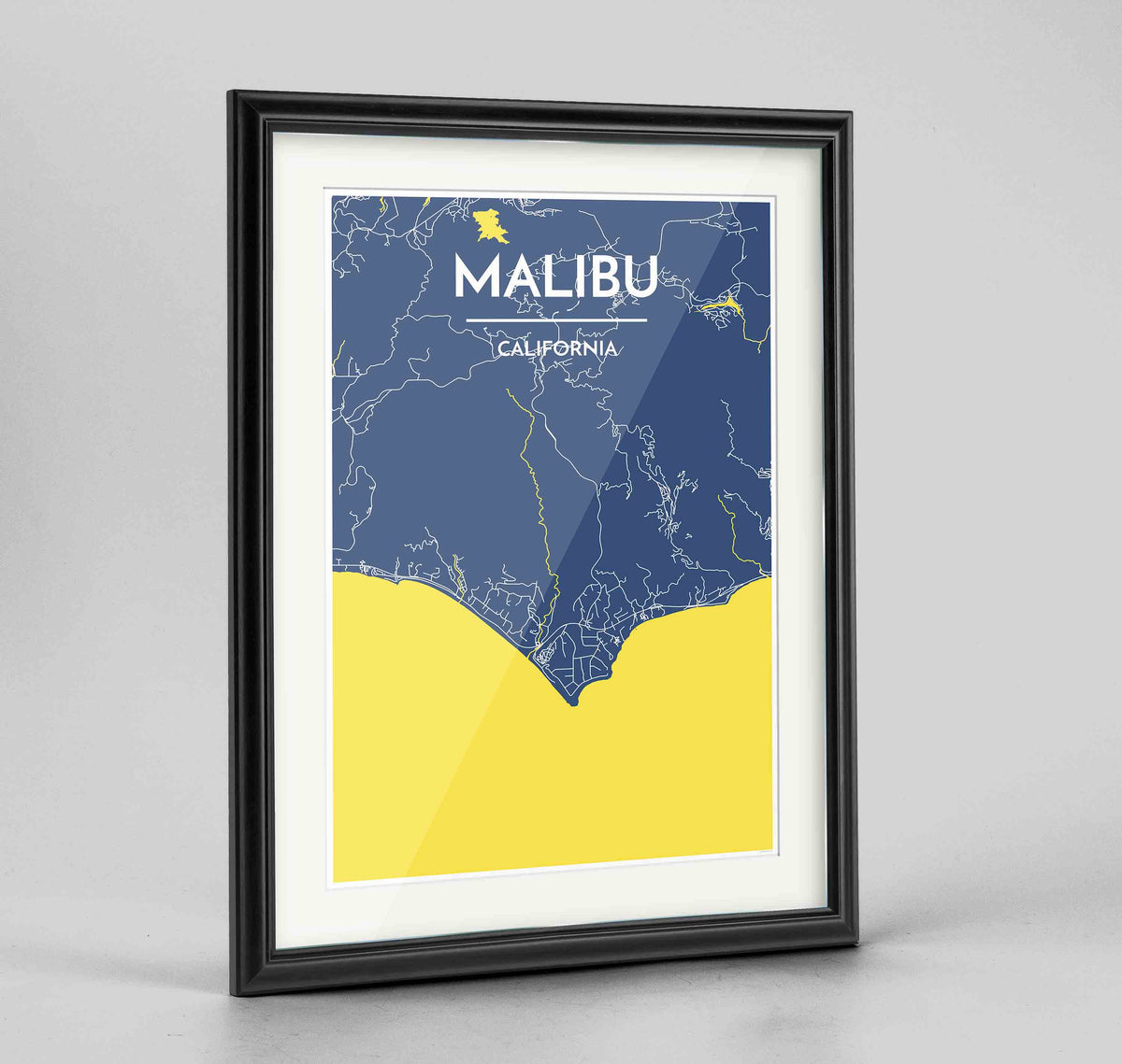 Framed Malibu Map Art Print 24x36&quot; Traditional Black frame Point Two Design Group