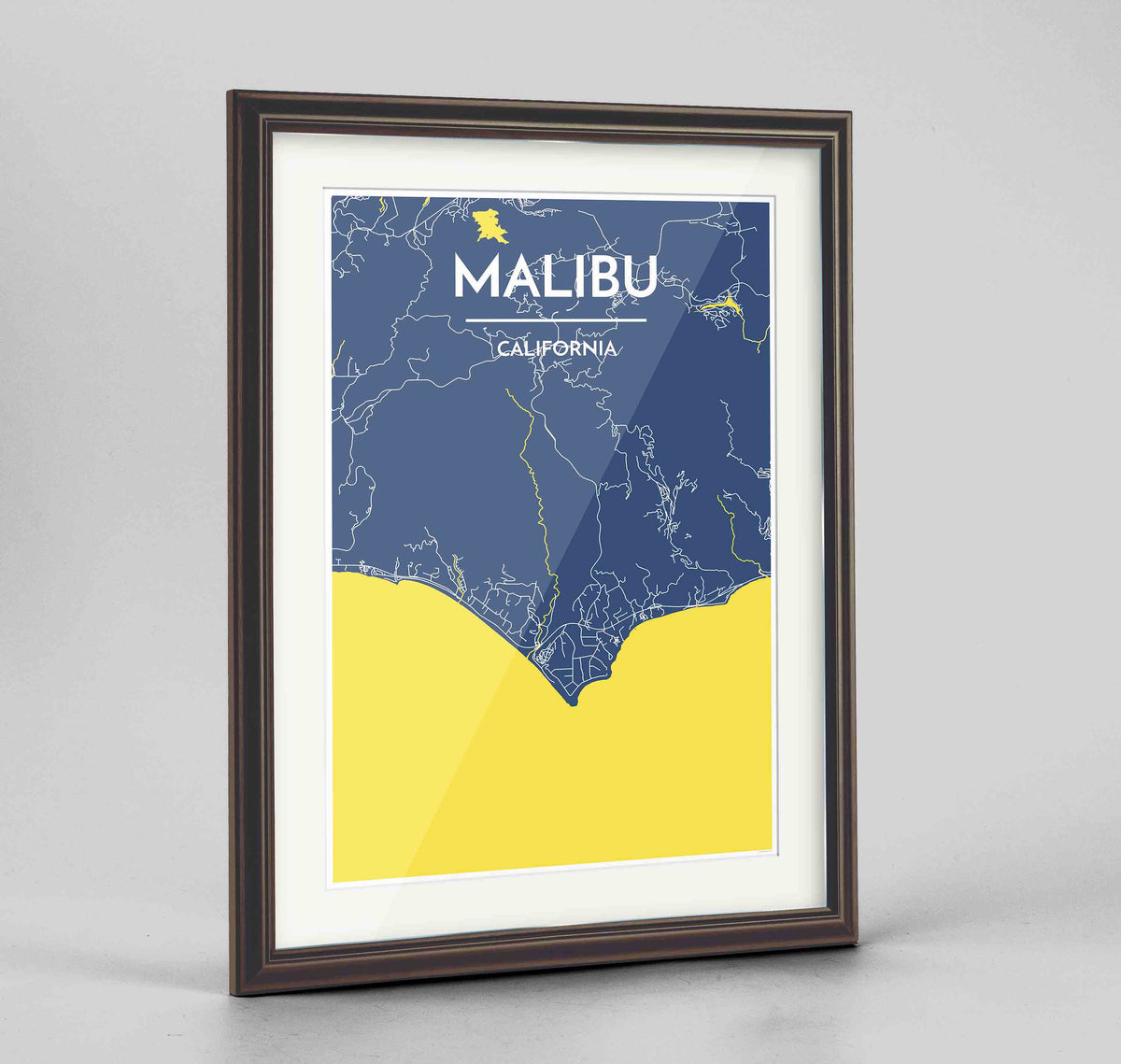 Framed Malibu Map Art Print 24x36&quot; Traditional Walnut frame Point Two Design Group