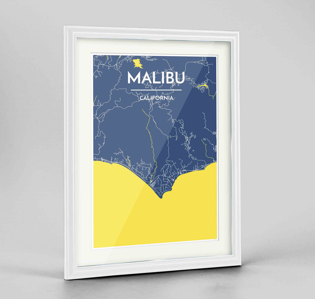 Framed Malibu Map Art Print 24x36&quot; Traditional White frame Point Two Design Group