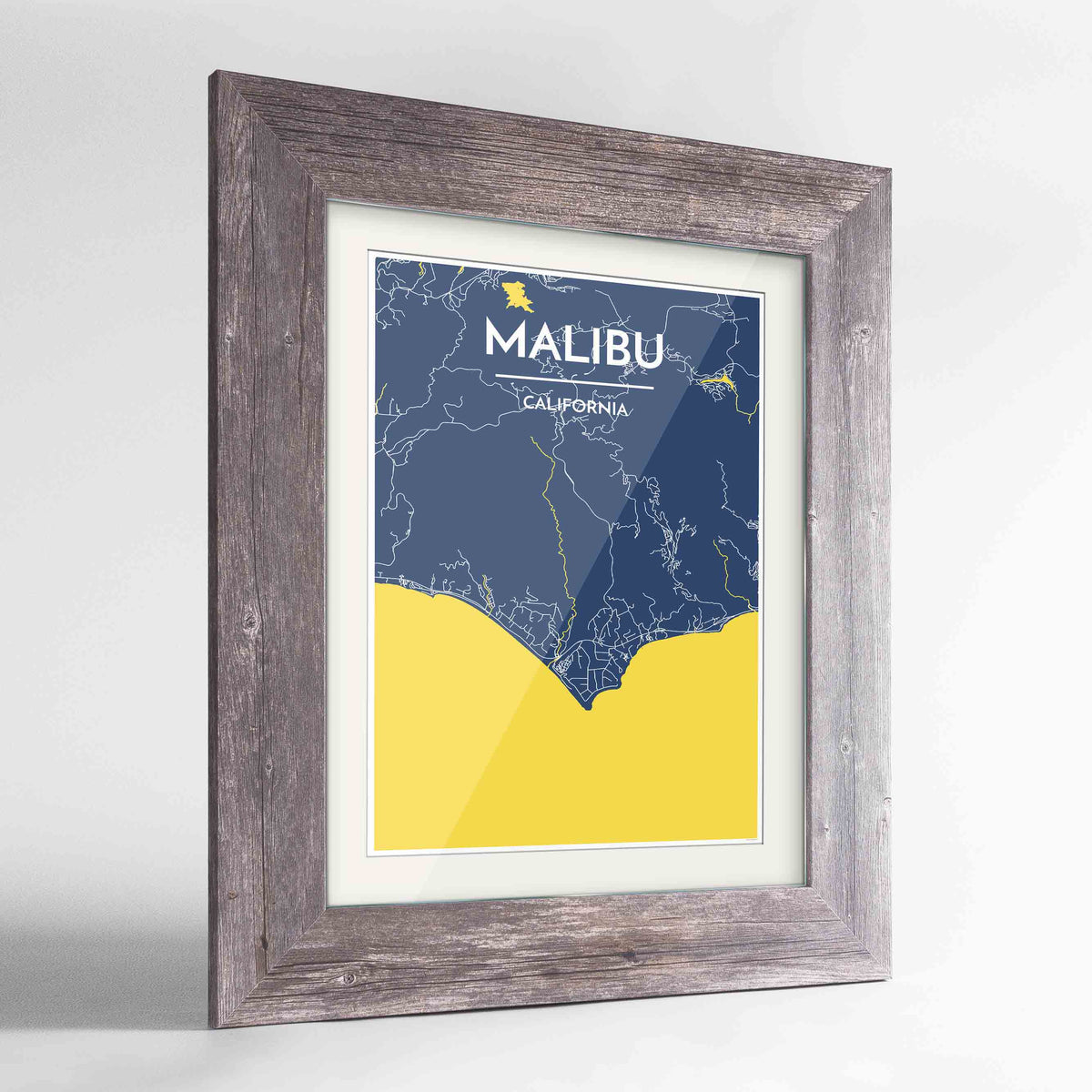 Framed Malibu Map Art Print 24x36&quot; Western Grey frame Point Two Design Group